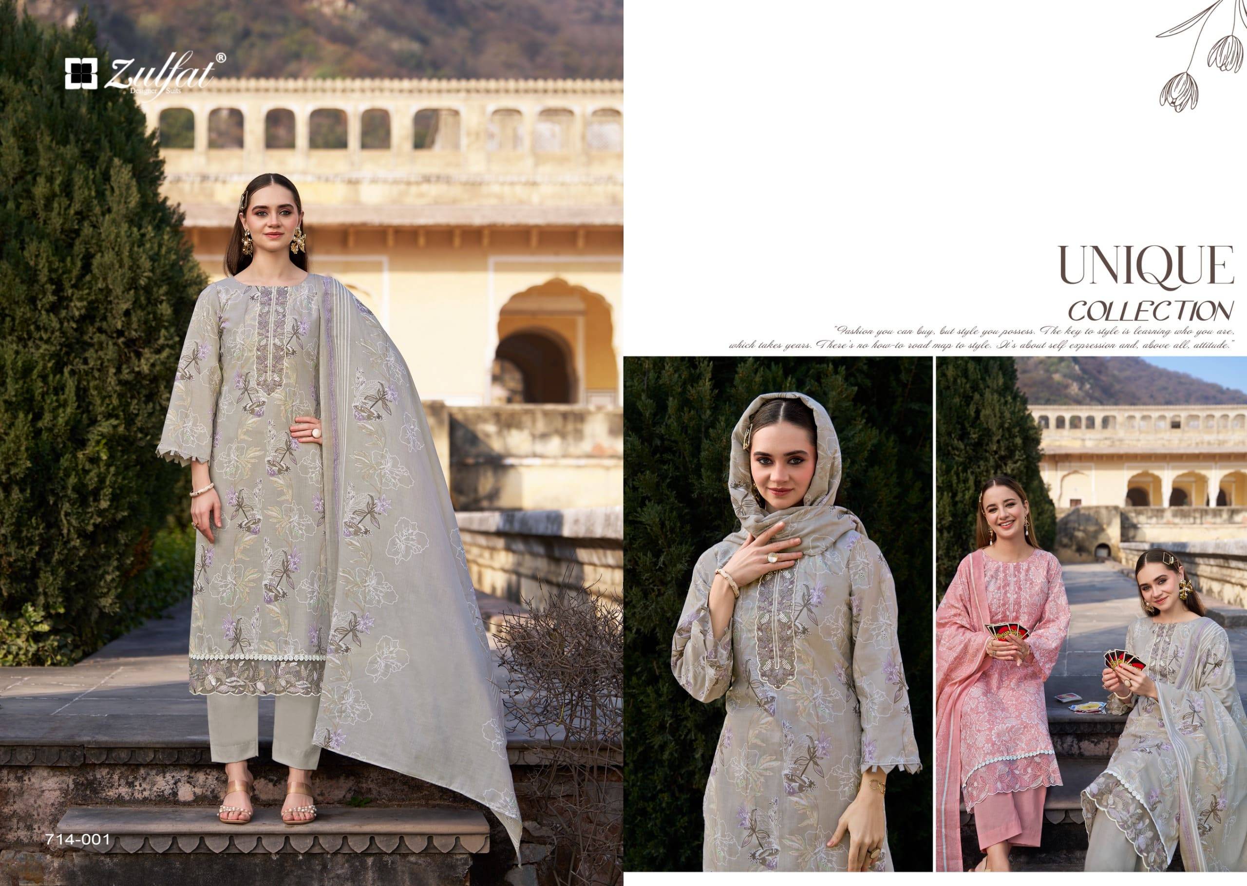 Mashuqa by zulfat  714-001 to 714-006 Series Beautiful Festive Suits Stylish Fancy Colorful Casual Wear & Ethnic Wear Pure Jam Cotton Dresses At Wholesale Price